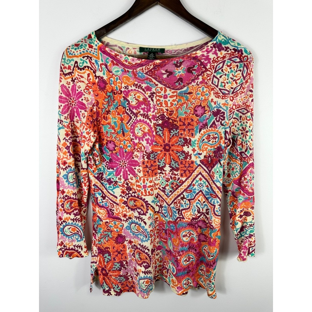 Lauren Ralph Lauren Silk Top Womens S Multi Paisleyโ Floral Boat Neck 3/4 Sleeve